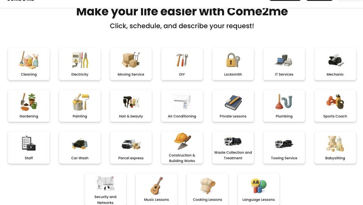 Come2Me — grille des services : ménage, électricité, déménagement, plomberie…