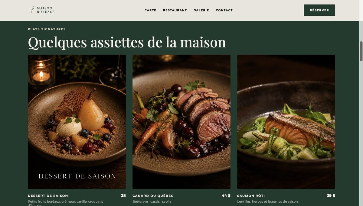 Plats signatures — dessert de saison, canard du Québec, saumon rôti