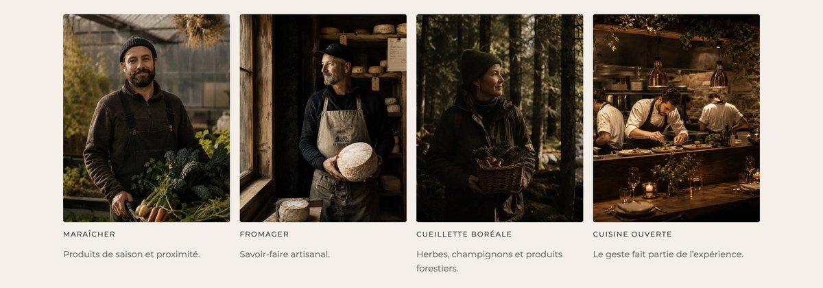 Les artisans : maraîcher, fromager, cueillette boréale, cuisine ouverte