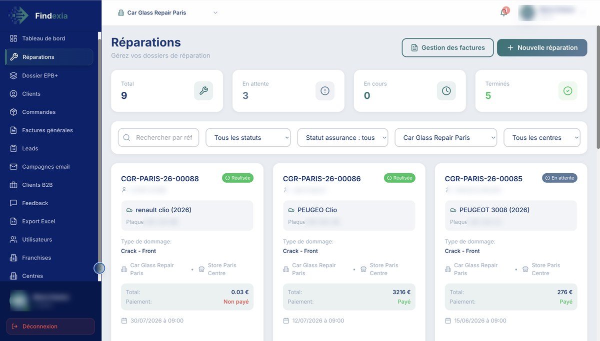 Findexia — gestion des dossiers de réparation avec statuts, paiements et centres (données clients floutées)