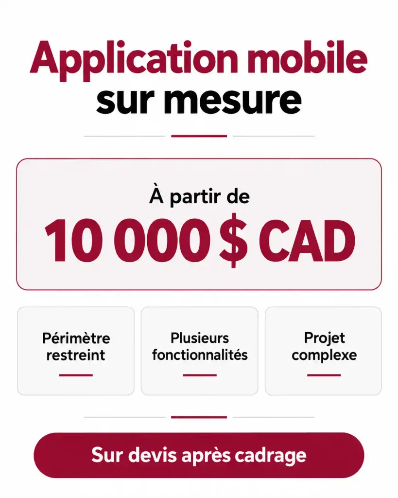 Tableau des prix d’une application mobile sur mesure au Québec chez Chananee
