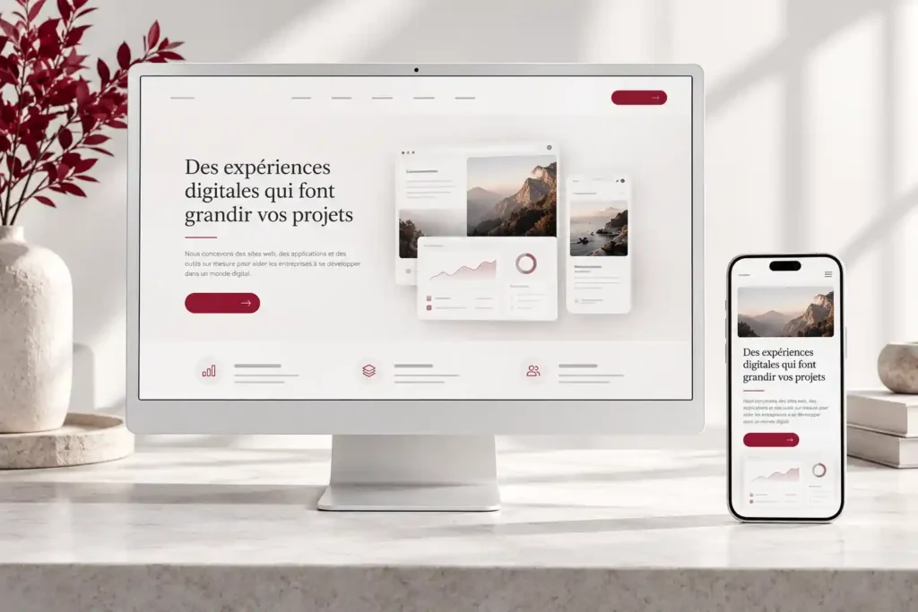 Design web à Montréal : site responsive affiché sur ordinateur et smartphone, vue sur le centre-ville
