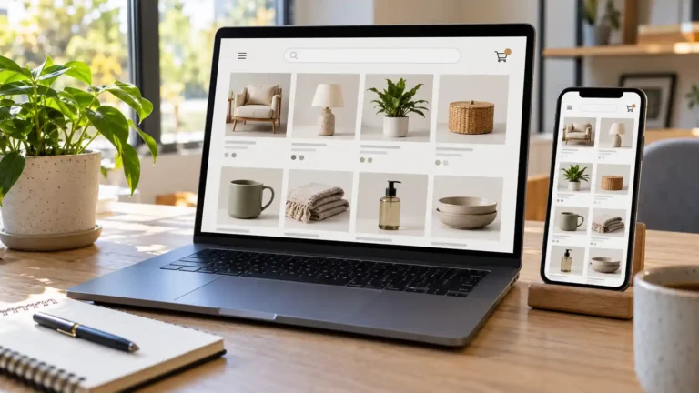Boutique en ligne affichée sur ordinateur et smartphone pour l'e-commerce en Algérie