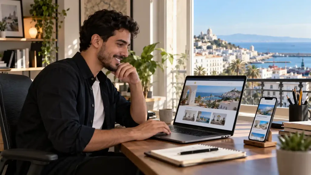 Créer un site web gratuit en Algérie : entrepreneur créant son site sur ordinateur et smartphone