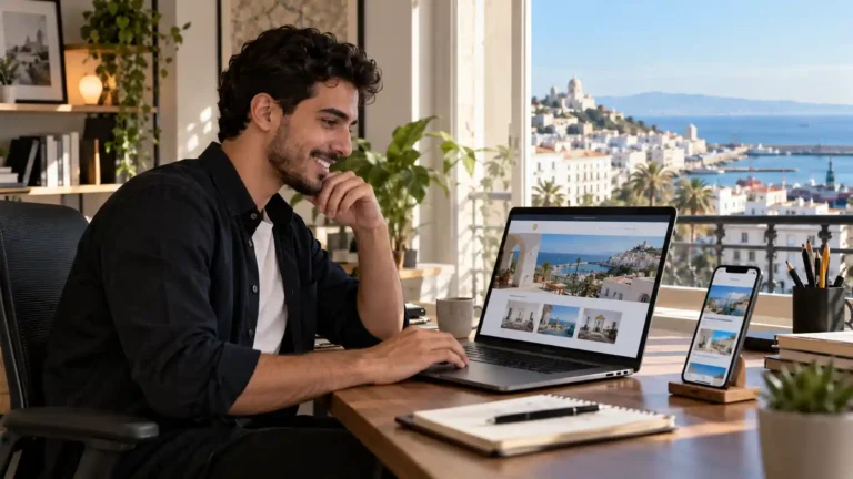 Créer un site web gratuit en Algérie : entrepreneur créant son site sur ordinateur et smartphone