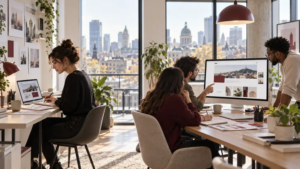 Équipe d'agence de web design révisant une maquette de site sur grand écran, avec vue sur Montréal