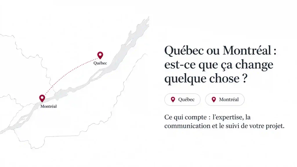 Carte stylisée reliant Montréal et Québec par une ligne bordeaux, à côté du texte sur l’expertise, la communication et le suivi de projet.