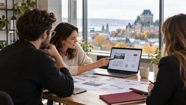 Équipe en réunion autour d’un ordinateur pour discuter d’un projet numérique au Québec.