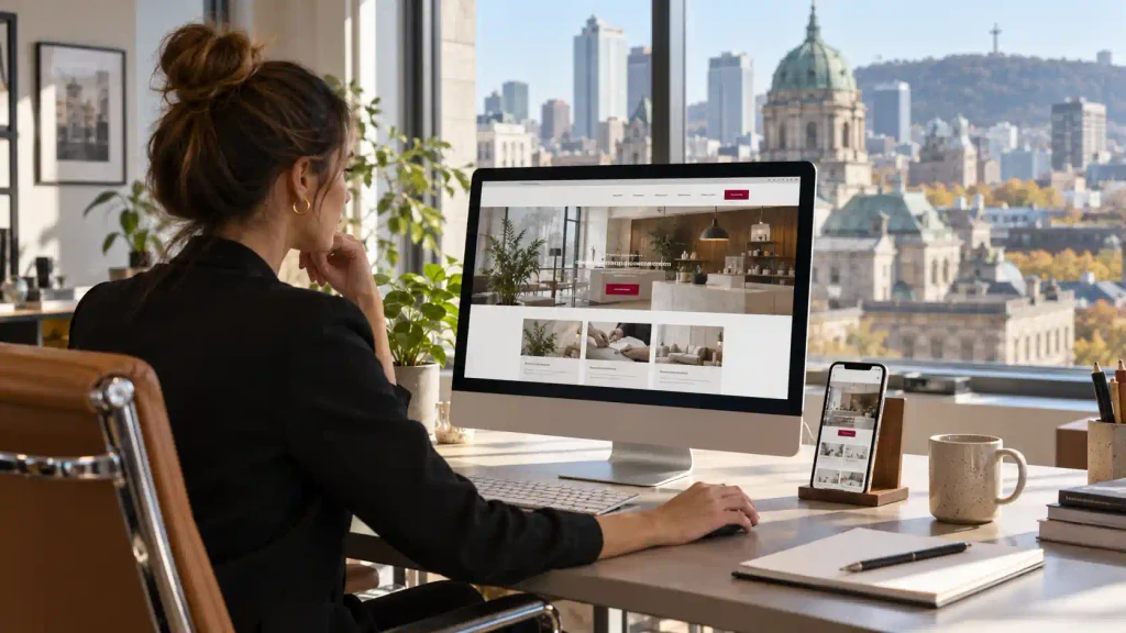 Designer web examinant un site responsive sur ordinateur et smartphone, avec vue sur le centre-ville de Montréal